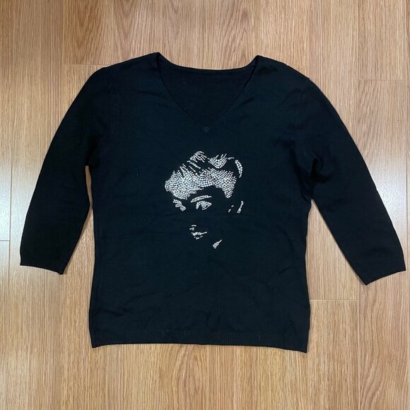 Vintage Audrey Hepburn Crystal V-Neck Sweater - S - Picture 4 of 9